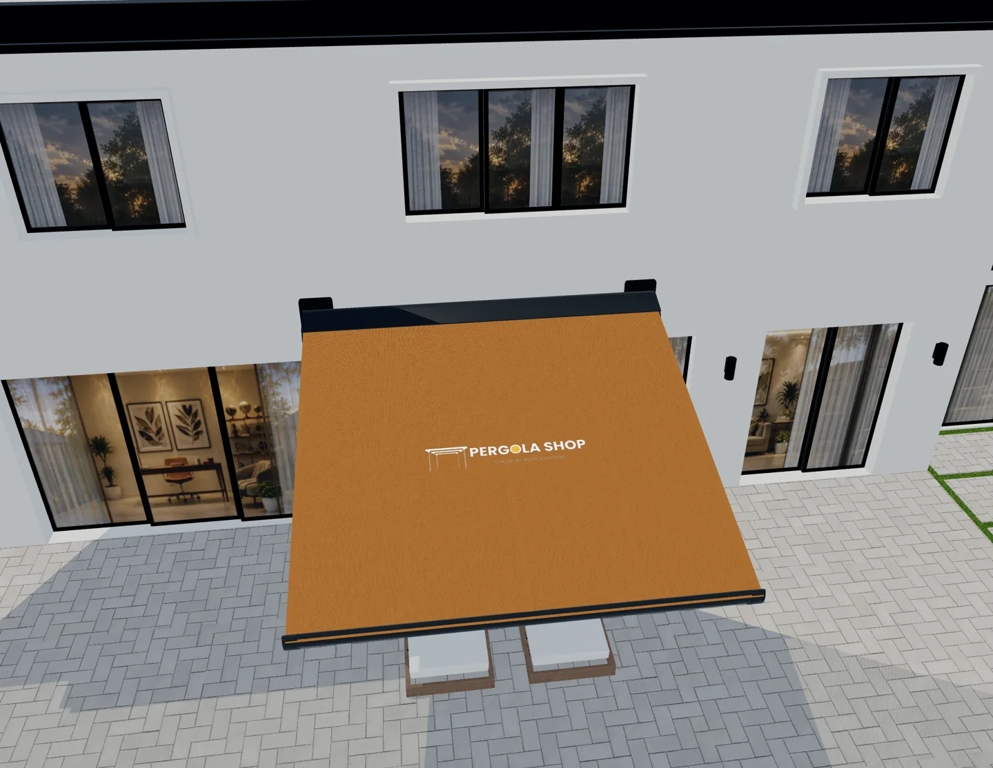 Lona naranja de toldo con el logotipo de Pergola Shop en una escena 3D.