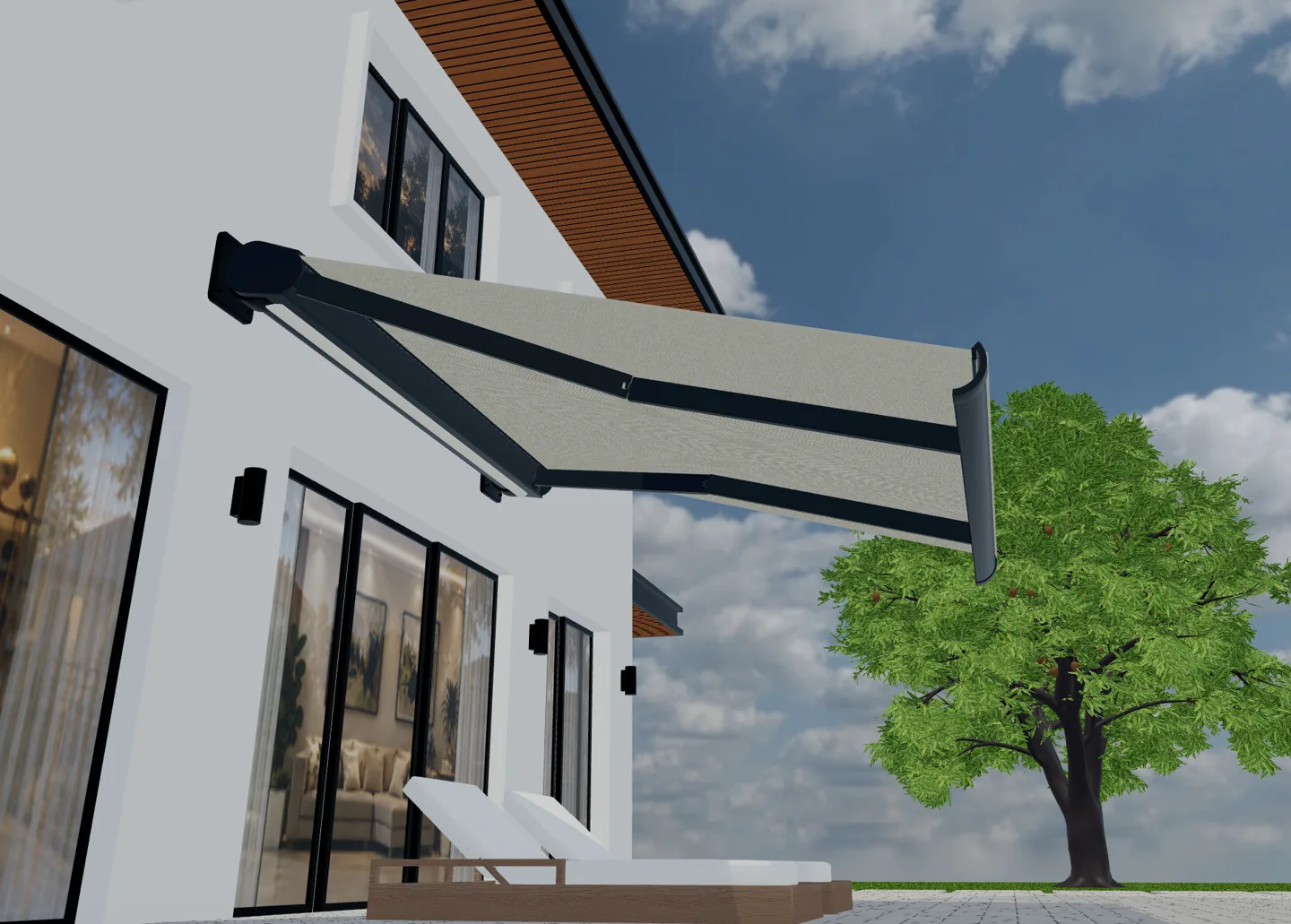 Toldo extendido de tejido crema con brazos articulados oscuros en una terraza 3D.