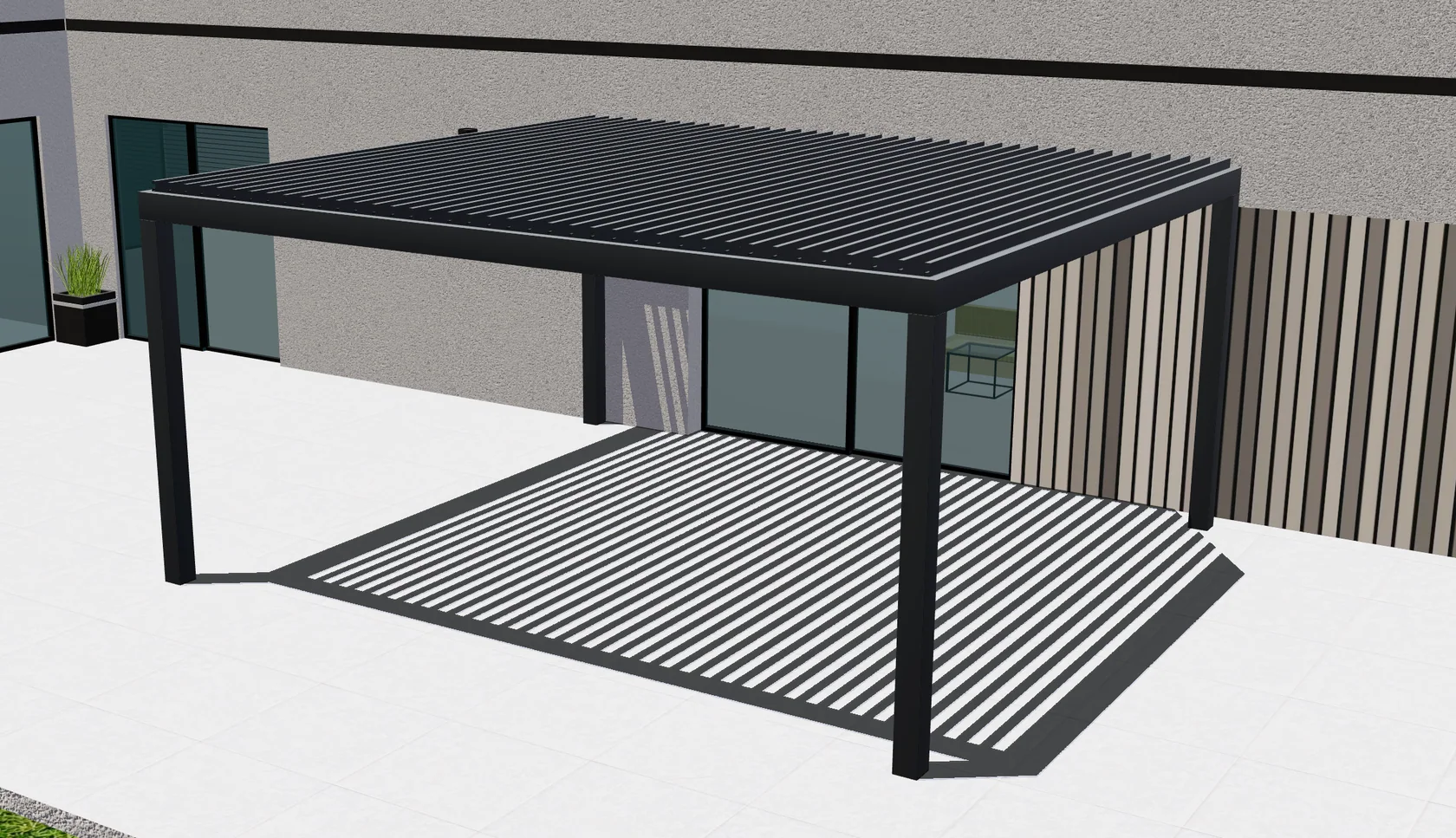 Anthracite bioclimatic pergola with aligned roof louvers shown inside a technical 3D configurator scene