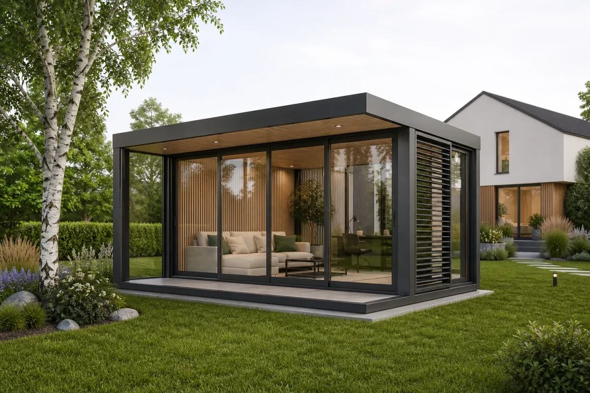 Estudio de jardín con paredes de vidrio de altura completa y marcos en tonos de madera al lado de una casa