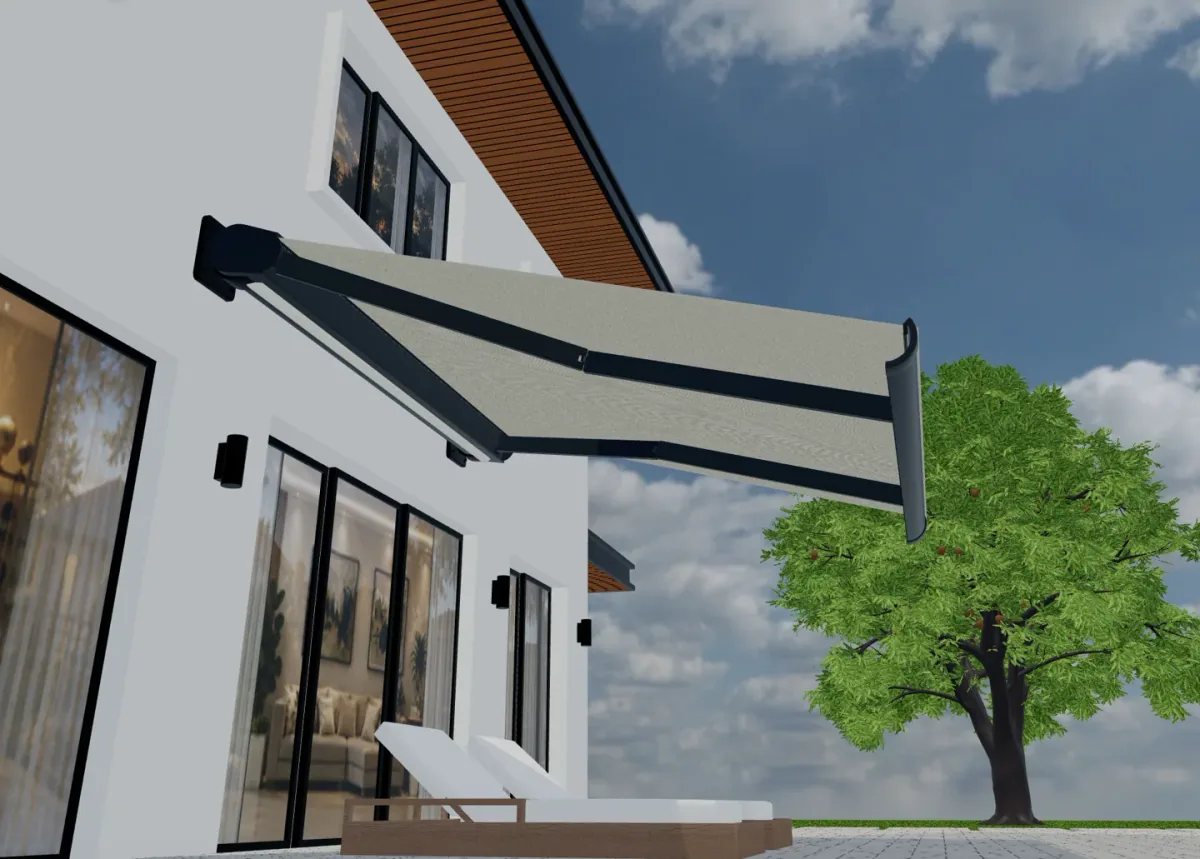 Toldo extendido con brazos plegables debajo de una capota de tela ligera