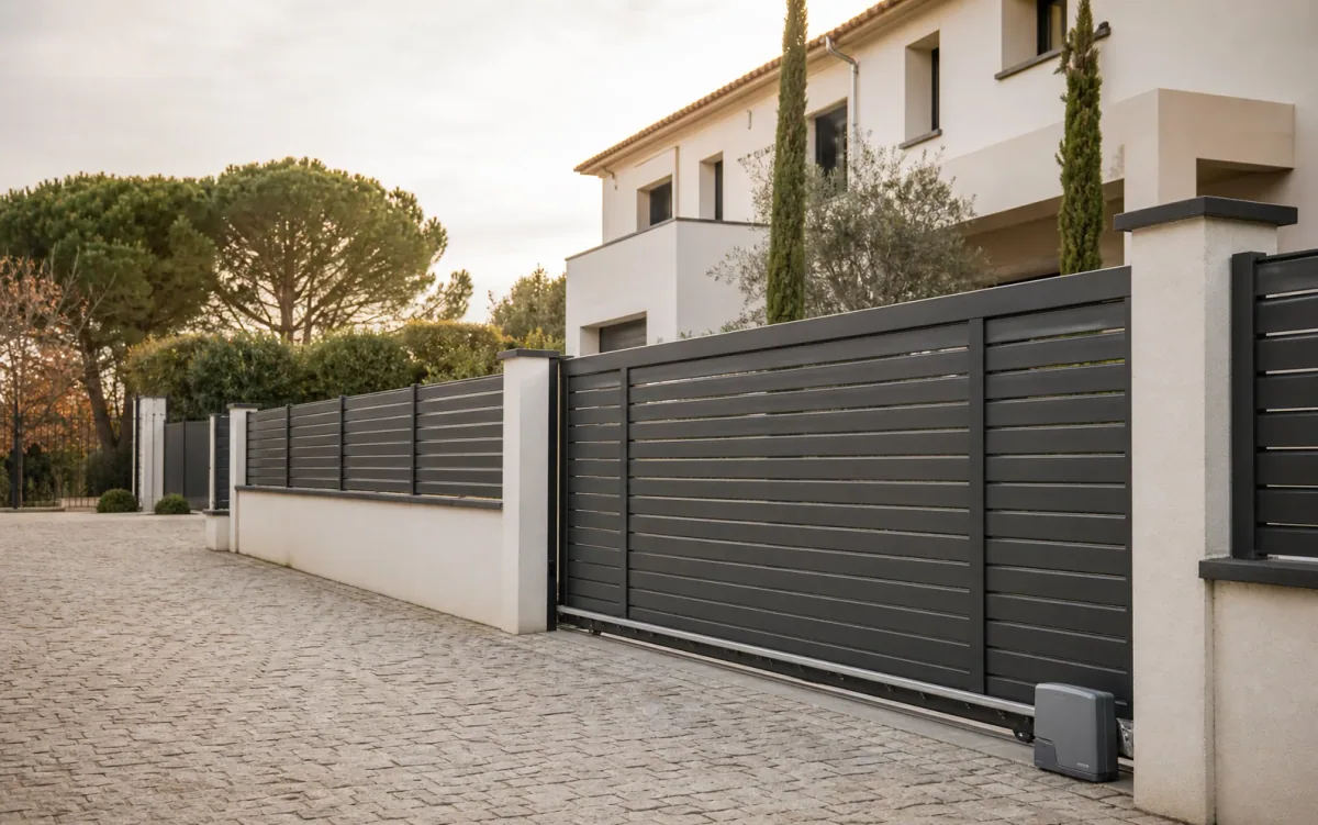Valla oscura y puerta instaladas junto a una casa moderna