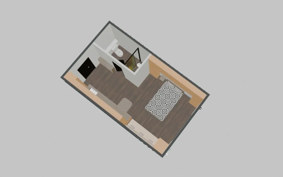 Plano tridimensional de una casa modular con habitaciones internas
