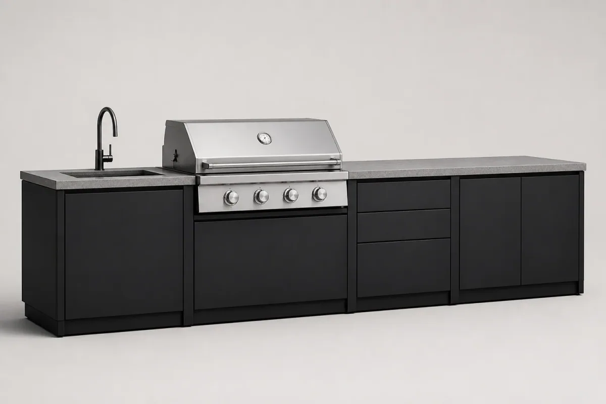 Modelo de producto de cocina exterior con encimeras, almacenamiento y equipo de cocina.