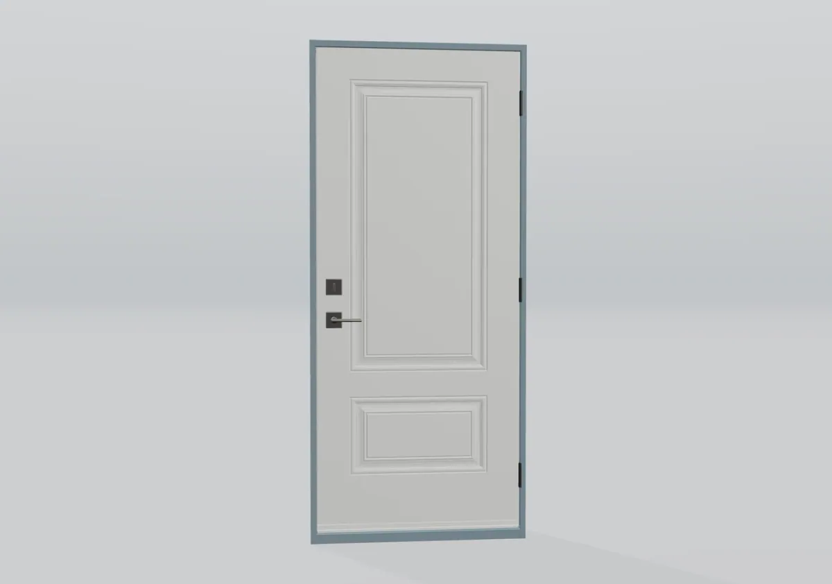 Puerta blanca de un solo panel con manija de palanca y marco gris