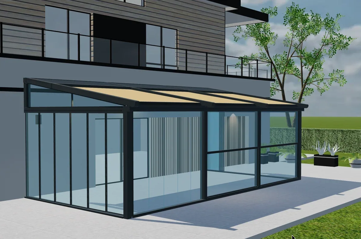 Pérgola Tenteks Italia con laterales acristalados y techo de lona inclinado en vista 3D