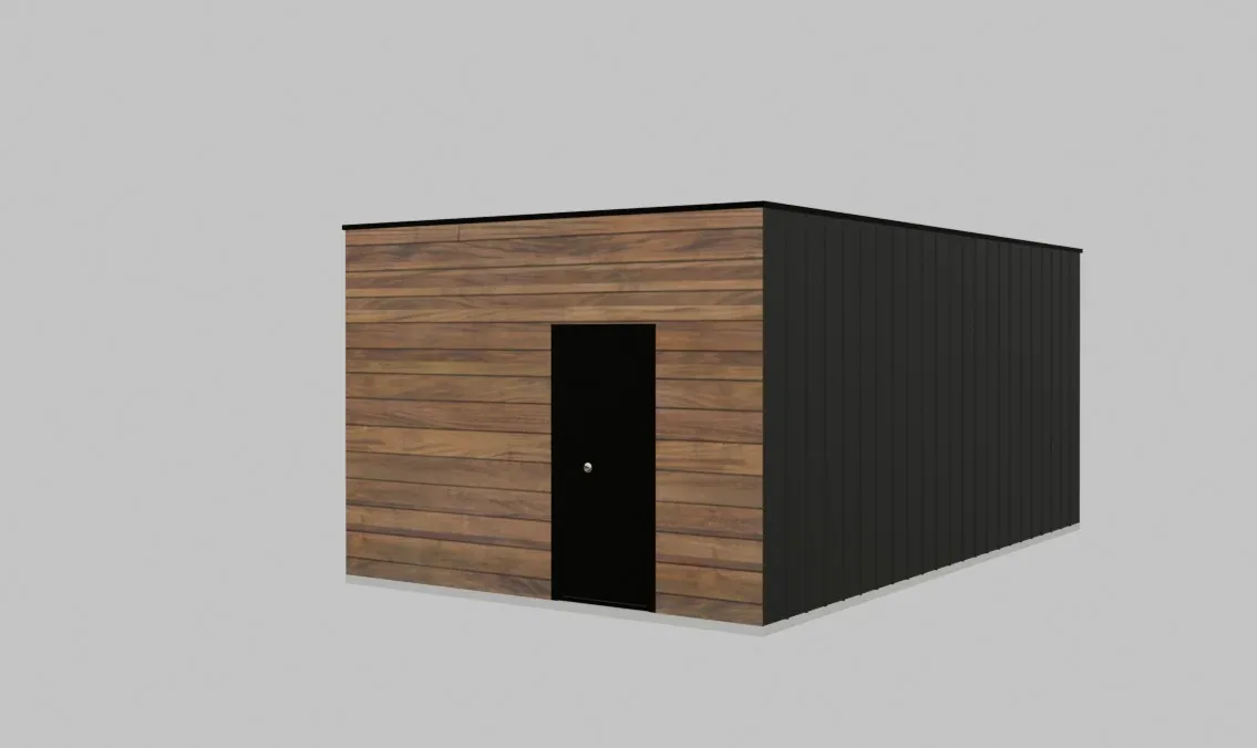 Exterior de la casa modular que muestra los paneles de entrada y pared