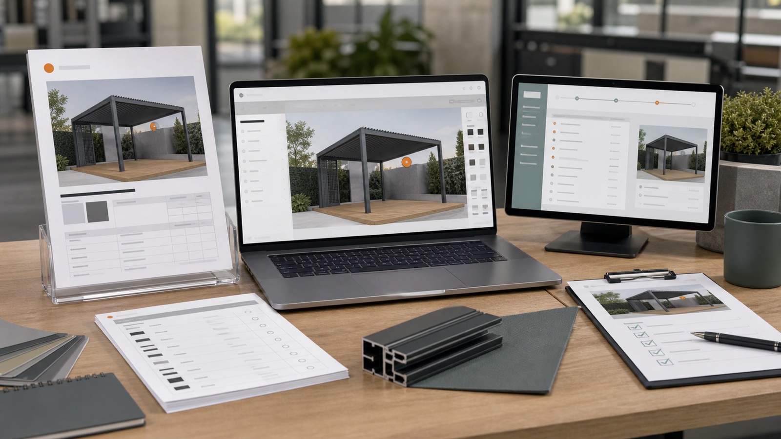 Configured product connected to a branded proposal, CRM project record, bill of materials and testing checklist
