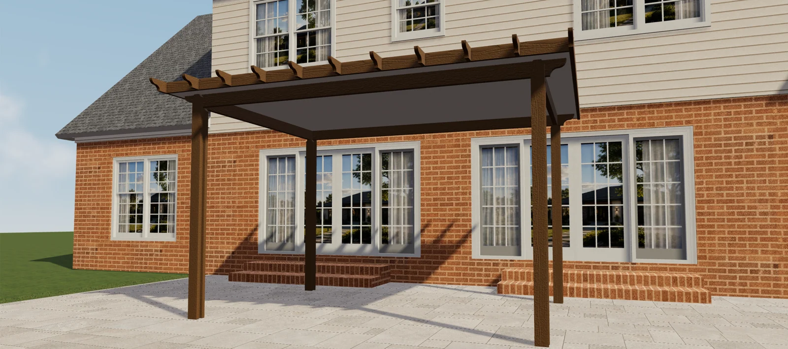 Pérgola cubierta marrón Elite Aluminum delante de una casa de ladrillo en una vista de producto Configurix