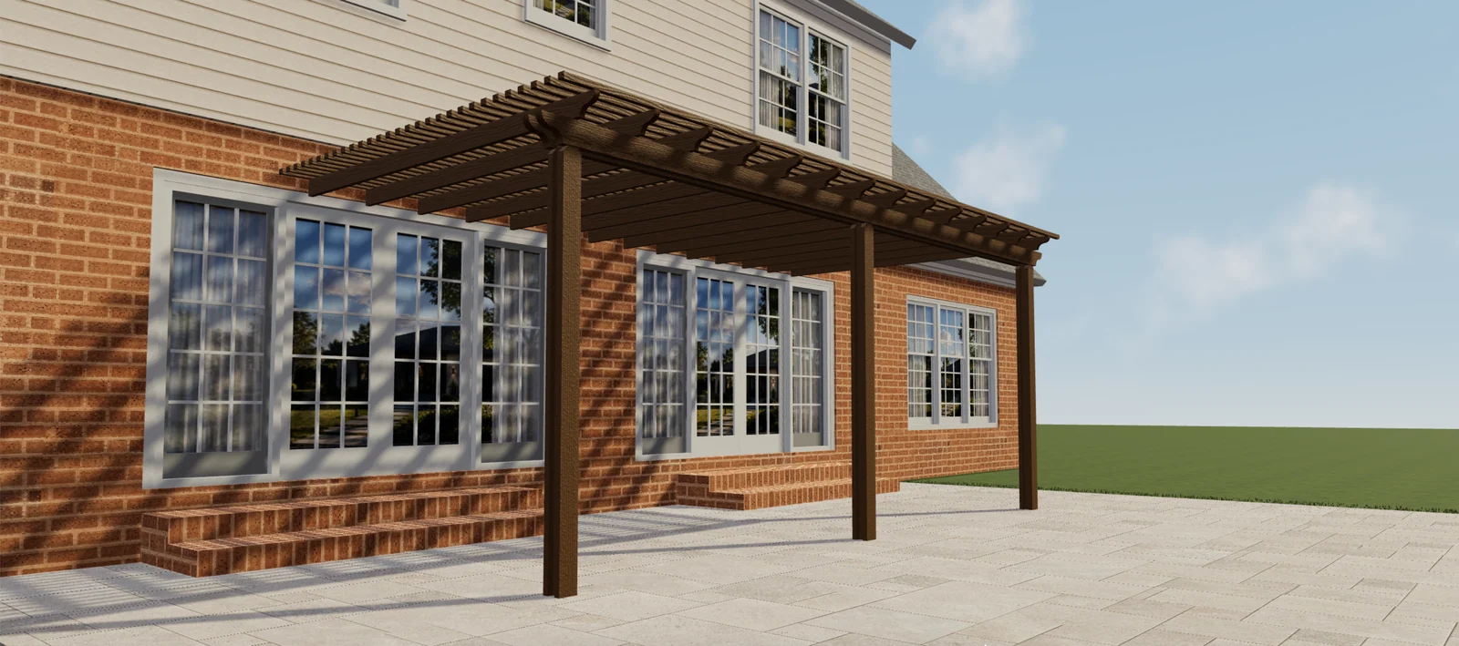 Vista lateral de una pérgola marrón efecto madera con lamas abiertas, postes y extremos decorativos de vigas.