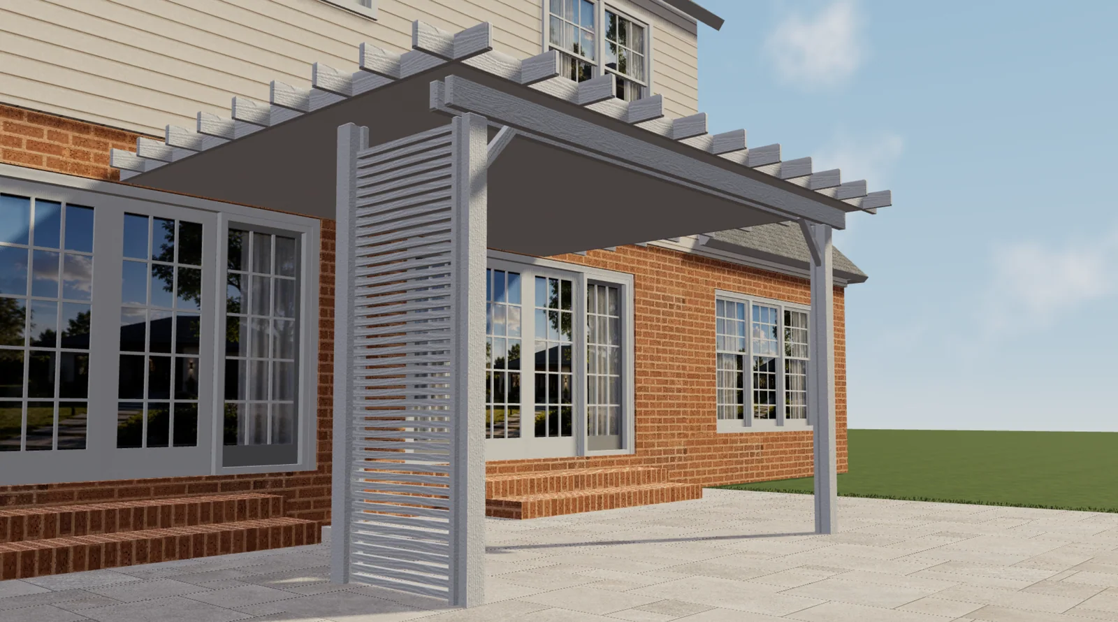 Pérgola blanca Elite Aluminum con panel lateral de lamas junto a una casa de ladrillo en Configurix 3D