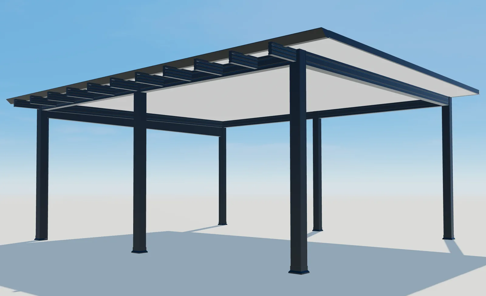 Detalle 3D de las vigas, la estructura oscura y los paneles del techo de Pergola Plus.