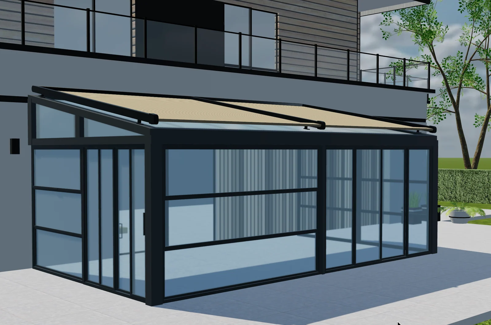 Sala de jardín acristalada Tenteks Italia con techo textil y perfiles oscuros en una vista 3D de Configurix