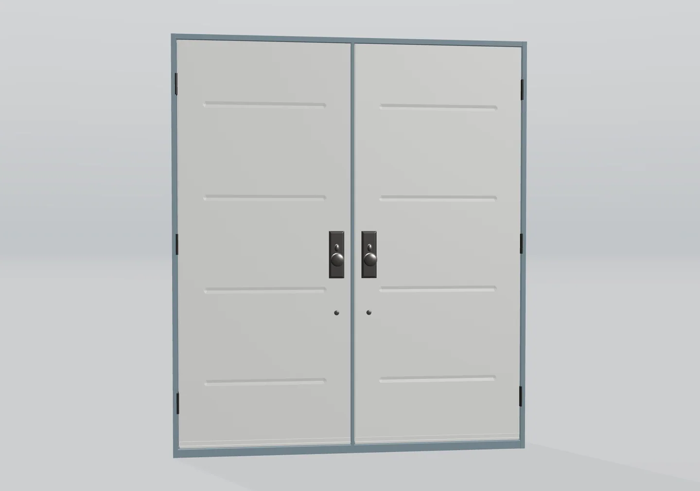 Puerta doble 3D con ranuras horizontales, marco gris azulado y pomos oscuros a juego.