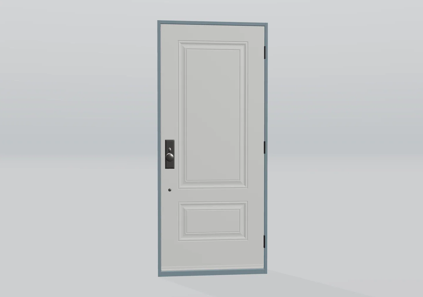 Puerta simple 3D con dos paneles moldurados y pomo redondo oscuro sobre placa rectangular.