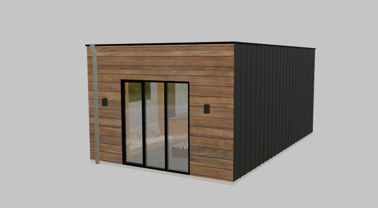 Modular housing configurator render with timber cladding and sliding glass doors