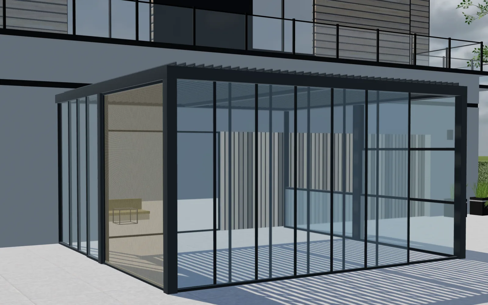 Pérgola de lamas con paneles de vidrio corredero en Configurix 3D