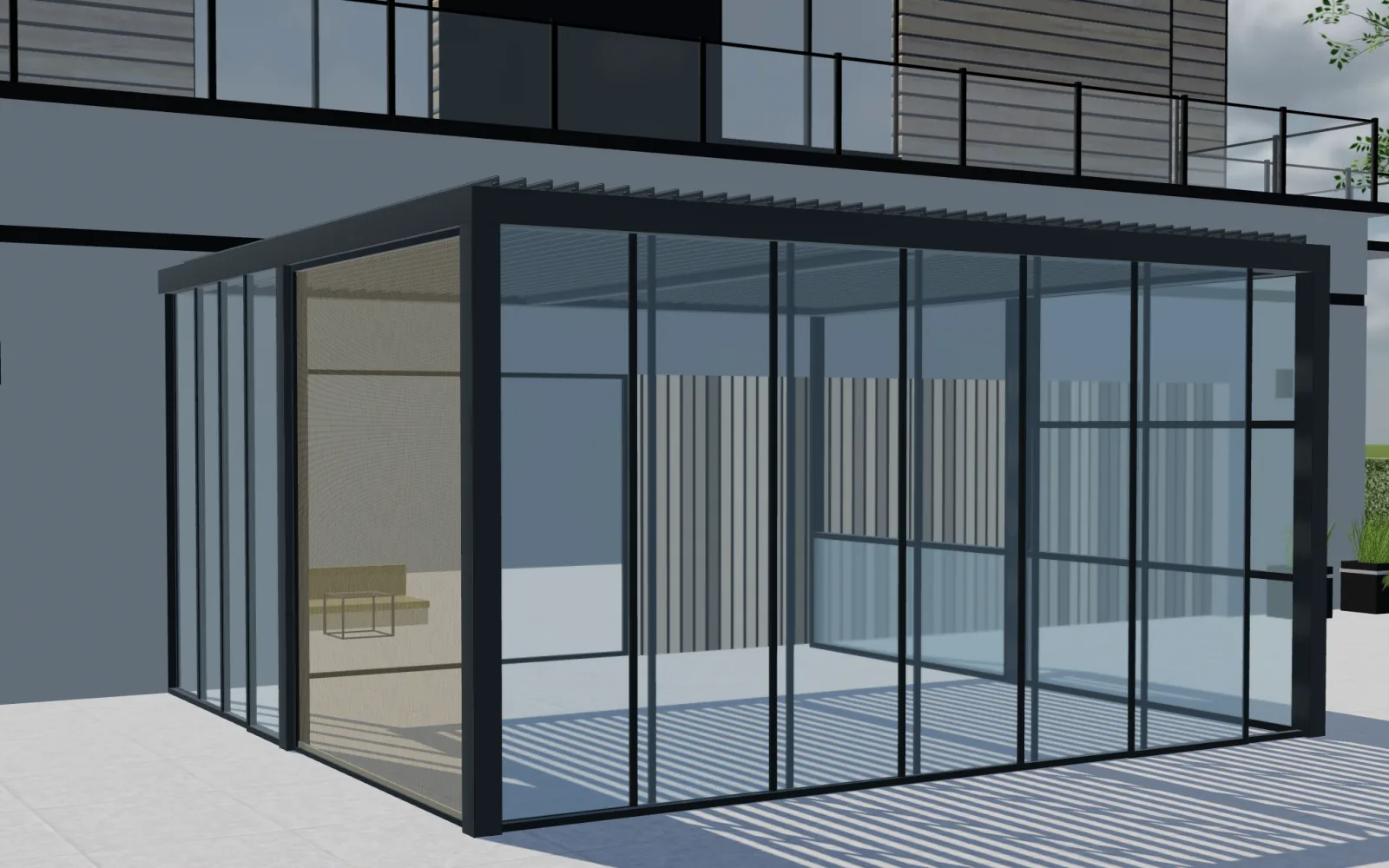 Vista 3D de pérgola configurable para explicar Europa: configuradores de pérgolas, software a medida e implantación.