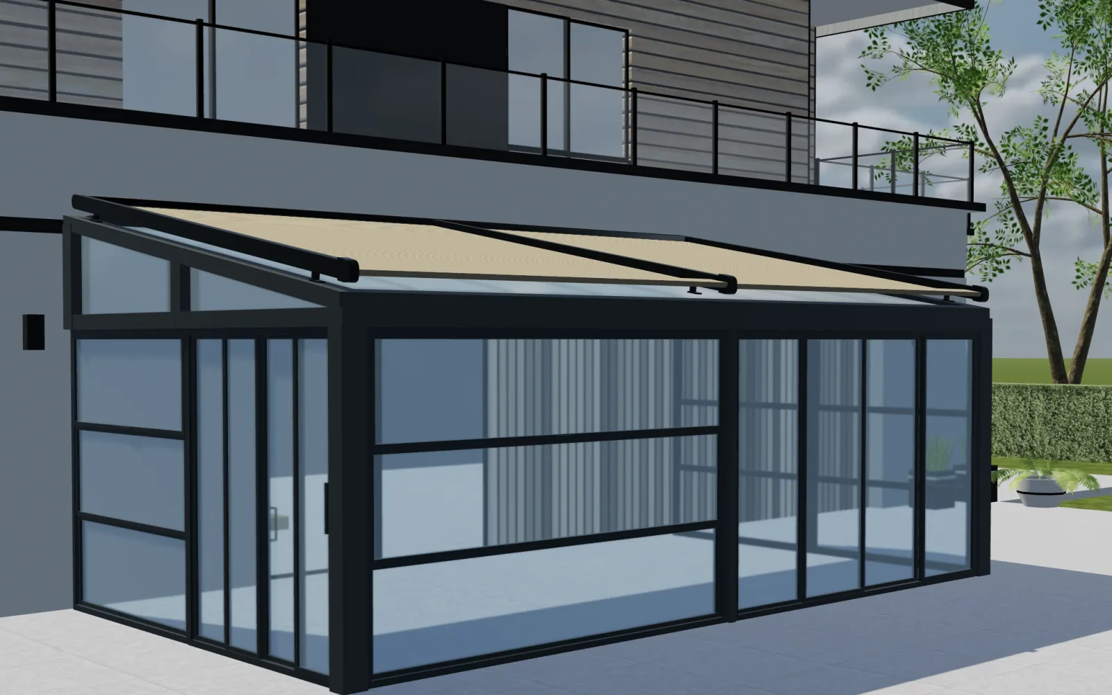 Marquesina de tela retráctil y marco de pérgola mostrados en una vista de producto 3D Configurix