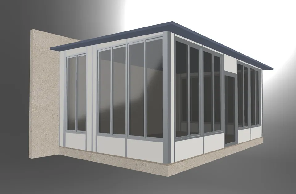 Renderizado 3D de una estancia acristalada con marcos blancos y cubierta opaca.